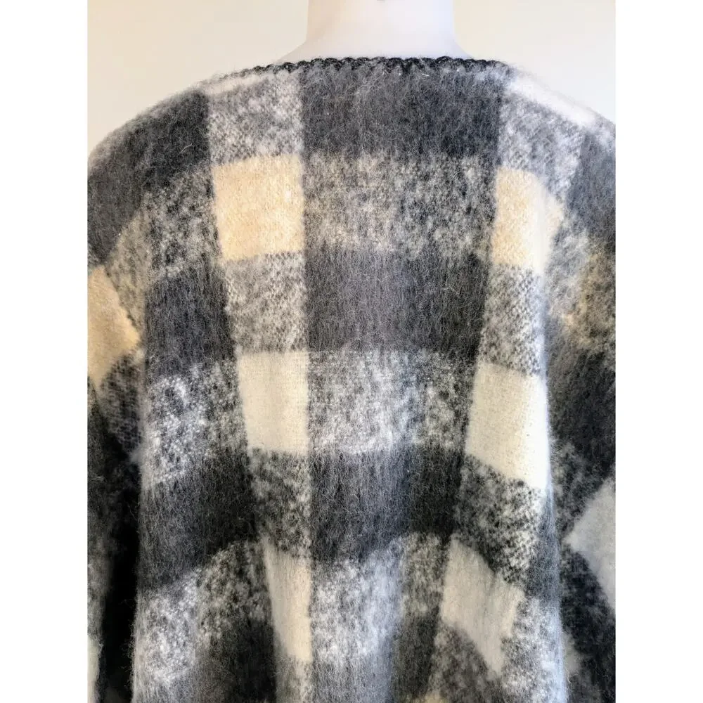 Ana Shawl Cape Wrap OS Black Gray White Buffalo Check Fringed Fuzzy Thick NEW